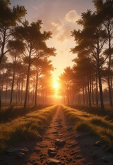 Rows of trees line the horizon as the sun rises, hills , horizon, countryside
