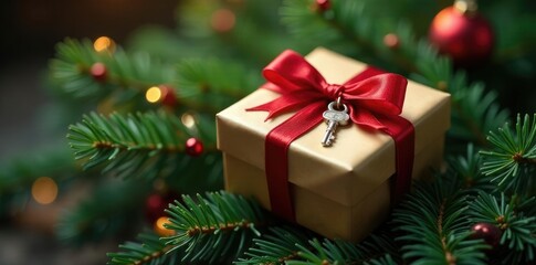 Gift wrapped in evergreen branches with a small key, gift, branch