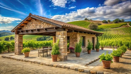 Obraz premium Rustic stone winery building with a grape arbor and rolling hills, vineyard, rolling hills, grape arbor, rustic