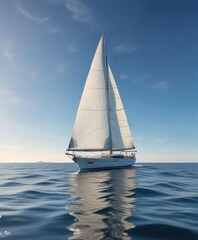 Fototapeta premium Sailing yacht gliding through the calm waters under clear blue sky with a slight wind blowing across its sails, outdoor atmosphere, double mast