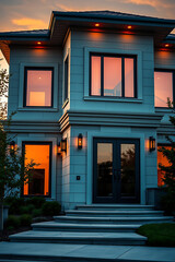 Luxury Modern Home Exterior at Sunset: Architectural Design and Real Estate Photography