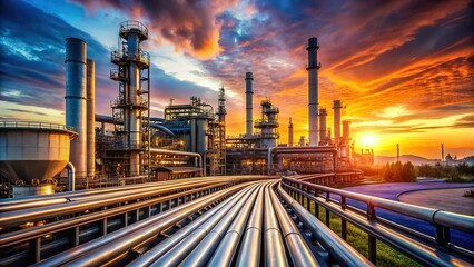 Majestic Sunset over Crude Oil Refinery and Pipeline Network