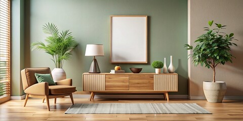 Minimalist Living Room Interior Mockup with Wooden Commode & Empty Poster Frame
