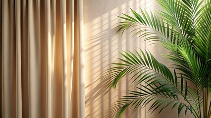 Minimalist Beige Summer Background: Blurred Palm Shadow on Neutral Curtain, Copy Space