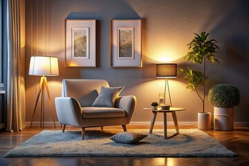 Minimalist White Boucle Armchair Living Room Mockup - Night Photography