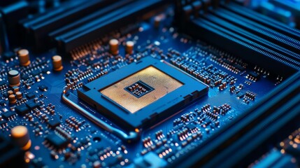 Motherboard with sockets and microchips close-up on modern powerful desktop PC in blue light Computer hardware chipset components Tech industry electronics background