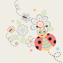 Adorable animal character surrounded by beautiful flower decorations in a vibrant vector illustration.
