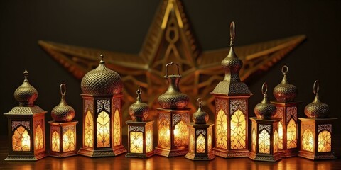 Obraz premium Row of Ornate Golden Lanterns and Star on Dark Wooden Backdrop for Ramadan