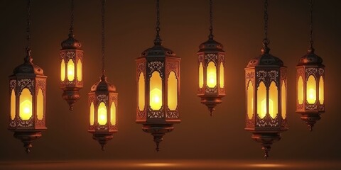 Obraz premium Seven Vintage Lanterns with Warm Glow Against Dark Background for Ramadan