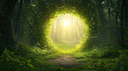 Enchanted Forest Pathway Illuminated by Soft Golden Light