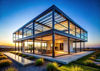 Obraz premium Modern House Metal Frame, Architectural Landscape, New Construction, Empty Lot, Copy Space