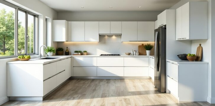 Modern U shape kitchen with white cabinets and stainless steel appliances, stainless steel, u shape