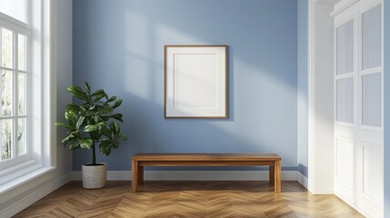 Sunlit hallway with bench, plant, and blank frame