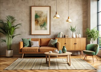 Modern Living Room Interior Design with Stucco Wall, Wooden Sideboard & Sofa