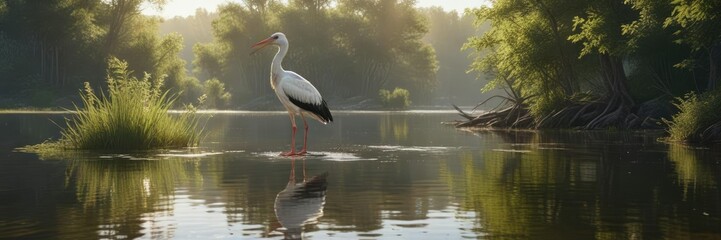Fototapeta premium Serene white stork basking in sunlight on tranquil lake surface, tranquil, bird, reflection, lake