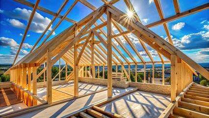 New Home Attic Construction: Timber Framing & Truss Roof Structure Against Blue Sky