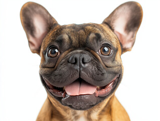 Fototapeta premium Smiling Brown Bulldog with Wrinkled Face and Expressive Eyes, Captured Against a White Background, Highlighting Its Stocky Build, Friendly Nature, and Iconic Short Muzzle