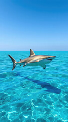Fototapeta premium Shark swimming in clear blue waters with elegant movement, aquatic animal, elegance, grace