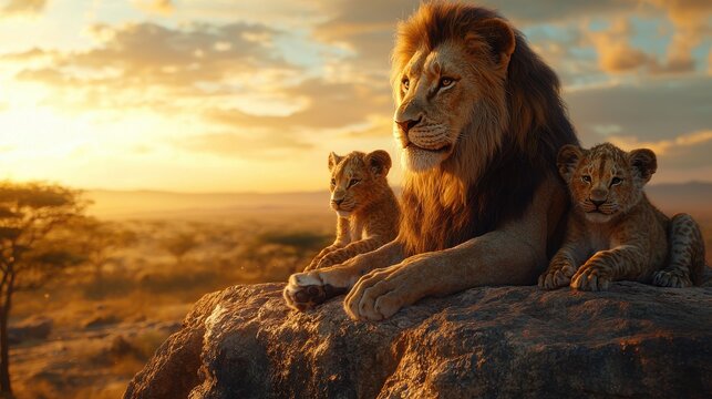 A lion is laying on a rock with two cubs. Generative AI - Powered by Adobe