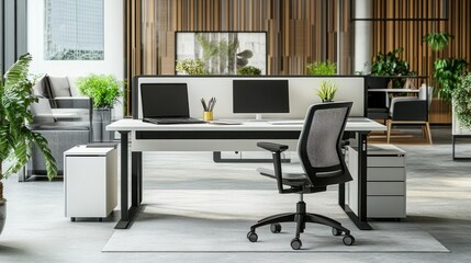 Modern office workspace with ergonomic chair, plants, and dual monitors