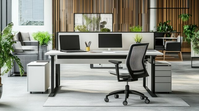 Modern office workspace with ergonomic chair, plants, and dual monitors