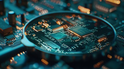 Magnifying Glass over Circuit Board with Microchip and Lights