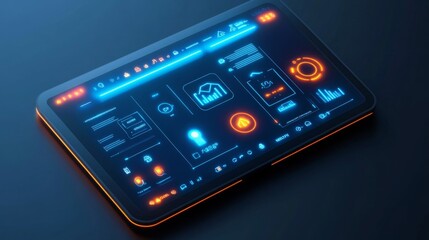 Futuristic Tablet Interface with Neon Blue and Orange Data Visualizations on Dark Background