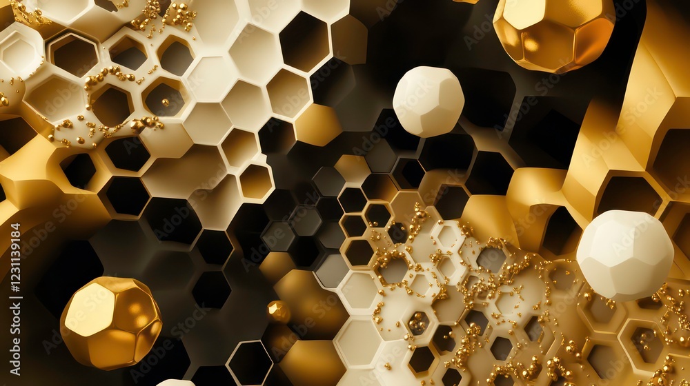Poster abstract digital pattern with hexagonal shapes creating a dynamic, futuristic design and floating ge