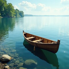 Obraz premium Small wooden boat in calm waters of Lake Ladoga, boat, water, vessel