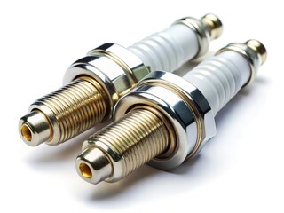 Two Shiny Spark Plugs Isolated on White Background - Automotive Engine Parts