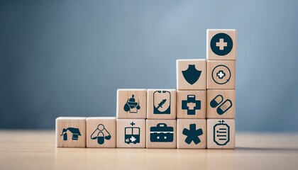 Health insurance and medical care concept. A set of wooden blocks displaying health-related. wooden alphabet blocks spell out