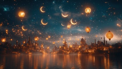 Magical Night Scene Illuminated Cityscape with Floating Lanterns and Crescents under a Starry Sky
