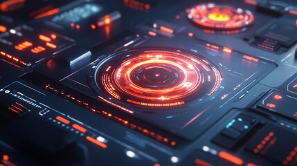 Obraz premium Futuristic Red And Black Digital Interface With Glowing Circular Display