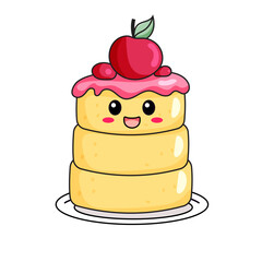 cute cake cartoon kawaii sticker. character vector illustration