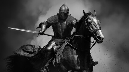 Brave Knight on Horseback Charging Through Dark Smoke Clouds