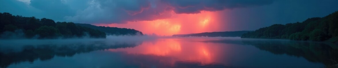 The Missouri River glows with mist as a storm passes by, reflection, water
