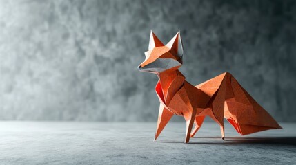 Origami fox on concrete background, craft art