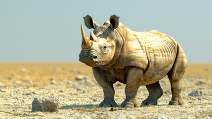 Fototapeta premium A rhino is standing in a desert with a dry, barren landscape. Generative AI
