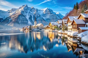 Snowy village with a frozen lake and mountains in the background, snow-covered rooftops, snowy peaks, snowy village