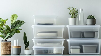 Organized Storage: Clear Plastic Bins with Greenery, Minimalist Aesthetic