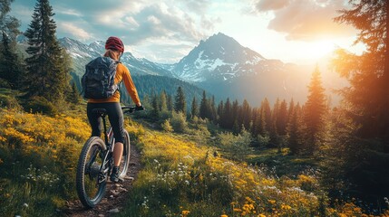 Fototapeta premium Mountain Biking Adventure at Sunset