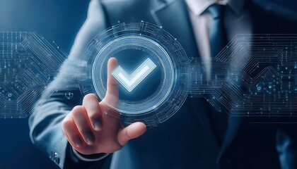 businessman hand touching virtual screen. Businessman touching standard quality control certification assurance guarantee for automatic. 