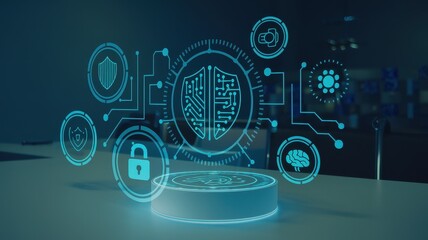Obraz premium Cybersecurity Hologram: AI-Powered Digital Shield Protecting Data and Networks