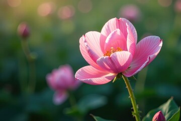 Fototapeta premium Soft pink petals unfurl from a bud, releasing sweet fragrance, colorful flowers, spring bloom, flower blossoms