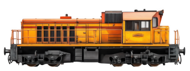 Diesel locomotive in bright orange color, isolated on transparency background, showcasing its industrial design and features. Perfect for transportation and engineering themes