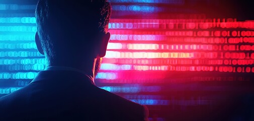 A silhouette of a person stands against a backdrop of glowing blue and red binary code, creating a futuristic and tech-inspired atmosphere.