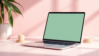 Fototapeta premium Peaceful Workspace Aesthetic: Laptop, Candle, and Plant