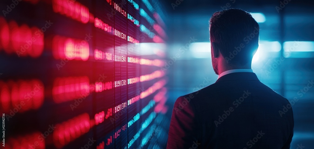 Poster a suited businessman stands before a vibrant digital display, illuminated in red and blue, evoking t
