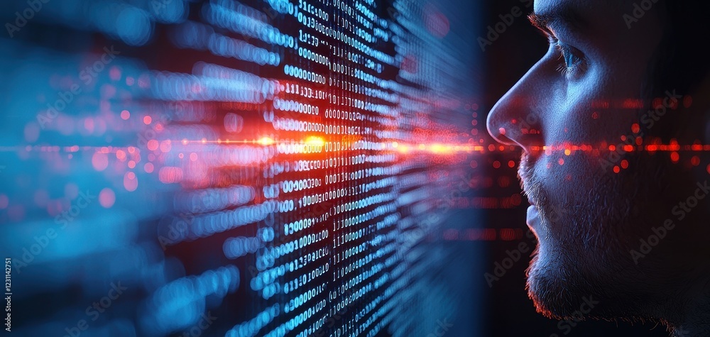 Poster A close-up of a person profile against a backdrop of glowing binary code, symbolizing technology, data analysis, and digital innovation.
