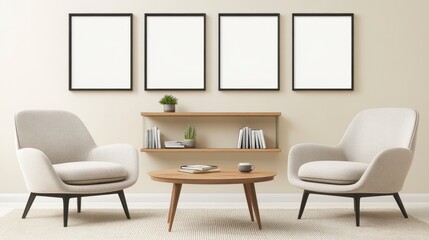 Cozy minimalist living room with empty frames and light decor